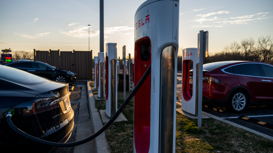 A Tesla charging station on Friday, March 11, 2022. (Tom Williams/CQ-Roll Call, Inc via Getty Image...