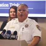 
              Joliet, Ill., Police Chief William Evans speaks at a press conference regarding a joint operation that resulted in the arrests and indictments of 25 defendants in a Paycheck Protection Program loan fraud, Wednesday, Sept. 21, 2022, in Joliet, Ill. (Gary Middendorf/The Herald-News via AP)
            