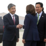 
              U.S. Vice President Kamala Harris, center, shakes hands with South Korean Ambassador to the U.S. Cho Tae-Yong, at Osan Air Base, in Pyeongtaek, South Korea, Thursday, Sept. 29, 2022.(Leah Millis/Pool Photo via AP)
            