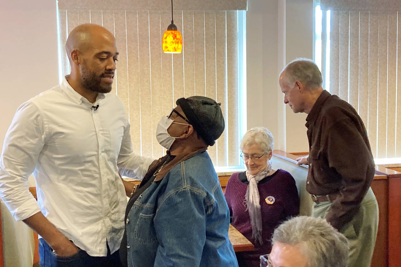 Wisconsin Democratic U.S. Senate candidate Mandela Barnes meets with older voters at Elie’s Café...