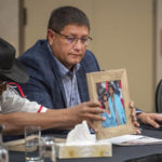 
              Mark Arcand, right, who's sister Bonnie Burns and nephew Gregory "Jonesy" Burns were killed during a series of violence attacks at James Smith Cree Nation and Brian "Buggy" Burns, Bonnie Burns's husband, speak to media at a press conference in Saskatoon, Wednesday, Sept.  7, 2022.   Myles Sanderson, 32, and his brother Damien, 30, are accused of killing 10 people and wounding 18 in a string of attacks across an Indigenous reserve and in the nearby town of Weldon. Damien was found dead Monday, and police were investigating whether his own brother killed him.    (Liam Richards /The Canadian Press via AP)
            