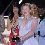 
              Sarah Snook reacts as "Succession" wins the Emmy for outstanding drama series at the 74th Primetime Emmy Awards on Monday, Sept. 12, 2022, at the Microsoft Theater in Los Angeles. (AP Photo/Mark Terrill)
            