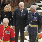 
              US President Joe Biden, center, and First Lady Jill Biden arrive for the funeral service of Queen Elizabeth II at Westminster Abbey in central London, Monday Sept. 19, 2022. The Queen, who died aged 96 on Sept. 8, will be buried at Windsor alongside her late husband, Prince Philip, who died last year. (Dominic Lipinski/Pool via AP)
            