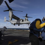 
              MV-22 Osprey, assault support aircraft for the U.S. Marine Corps, takes off from the flight deck of the Wasp-class amphibious assault ship USS Kearsarge (LHD 3), operating in the Baltic Sea, Saturday, Sept. 3, 2022. Amid Russia's war on Ukraine and tensions in the Baltic Sea region, USS Kearsarge is the first U.S. Navy amphibious assault ship in at least 20 years to be taking part in international training in the Baltic. (AP Photo/Michal Dyjuk)
            