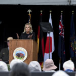 
              First lady Jill Biden speaks during a ceremony commemorating the 21st anniversary of the Sept. 11, 2001 terrorist attacks at the Flight 93 National Memorial in Shanksville, Pa., Sunday, Sept. 11, 2022. (AP Photo/Barry Reeger)
            