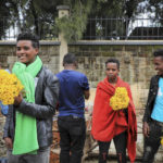 
              Young men sell bunches of flowers at Sholla Market, the day before the Ethiopian New Year, in Addis Ababa, Ethiopia Saturday, Sept. 10, 2022. Once home to one of Africa's fastest growing economies, Ethiopia is struggling as the war in its Tigray region has reignited and Ethiopians are experiencing the highest inflation in a decade, foreign exchange restrictions and mounting debt amid reports of massive government spending on the war effort. (AP Photo)
            