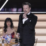 
              Jason Sudeikis accepts the Emmy for outstanding lead actor in a comedy series for "Ted Lasso" at the 74th Primetime Emmy Awards on Monday, Sept. 12, 2022, at the Microsoft Theater in Los Angeles. (AP Photo/Mark Terrill)
            