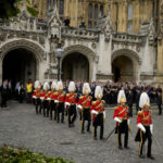 
              View outside Westminster Hall, in the Palace of Westminster, where the House of Commons and the House of Lords meet to express their condolences in London, Monday, Sept. 12, 2022. Queen Elizabeth II, Britain's longest-reigning monarch and a rock of stability across much of a turbulent century, died Thursday Sept. 8, 2022, after 70 years on the throne. She was 96. (AP Photo/Markus Schreiber, Pool)
            