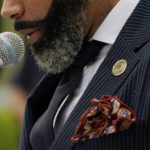 
              Known for his distinctive beard and sharp attire, Jackson, Miss., Mayor Chokwe Antar Lumumba speaks at a Tuesday, Sept. 6, 2022, news conference at City Hall, regarding updates on the ongoing water infrastructure issues. (AP Photo/Rogelio V. Solis)
            