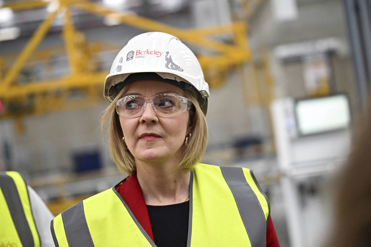 British Prime Minister Liz Truss visits Berkeley Modular, in Northfleet, Kent, Britain, Friday, Sep...