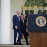 
              President Joe Biden arrives with Bob Parant, Medicare beneficiary with Type 1 diabetes, for an event on health care costs in the Rose Garden of the White House, Tuesday, Sept. 27, 2022, in Washington. (AP Photo/Evan Vucci)
            