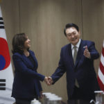 
              U.S. Vice President Kamala Harris, left, and South Korea's President Yoon Suk Yeol hold a bilateral meeting in Seoul, South Korea, Thursday, Sept. 29, 2022.(Leah Millis/Pool Photo via AP)
            
