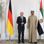 
              In this photo made available by the United Arab Emirates Presidential Court, Sheikh Mohamed bin Zayed Al Nahyan, President of the UAE right, and German Chancellor Olaf Scholz, pose for a photo prior to a meeting at Al Shati Palace in Abu Dhabi, United Arab Emirates, Sunday, Sept. 25, 2022. (Abdulla Al Neyadi/UAE Presidential Court via AP)
            