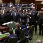 
              In this image made from video provided by Victoria State Parliament TV, lawmakers in Australia's Victoria State attend a ceremony to pledge their allegiance to King Charles III on Tuesday, Sept. 13, 2022, in Melbourne, Australia. (Victoria State Parliament TV via AP)
            