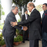 
              In this handout photo released by Pakistan Prime Minister Office, U.N. Secretary-General Antonio Guterres, second left, shake hand with Pakistan Prime Minister Shahbaz Sharif in Islamabad, Pakistan, Friday, Sept. 9, 2022. Guterres appealed to the world to help Pakistan after arriving in the country Friday to see climate-induced devastation from months of deadly record floods that have left half a million people living in tents under the open sky. (Pakistan Prime Minister Office via AP)
            