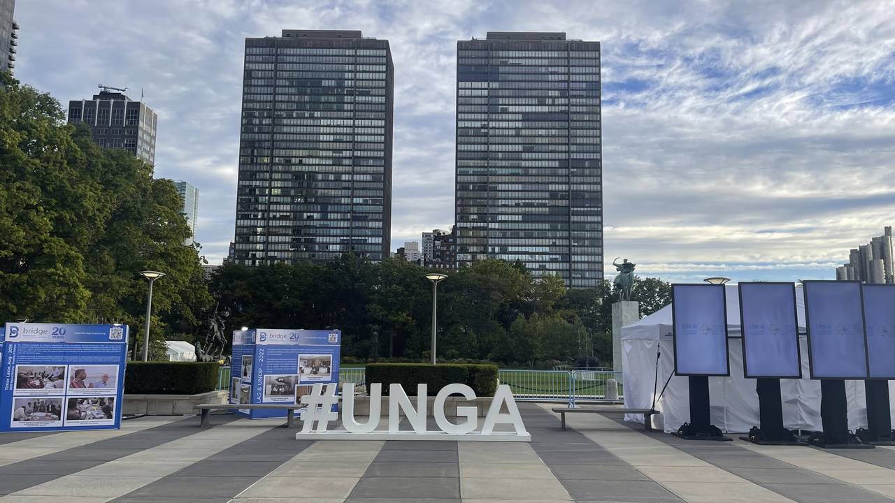 A "#UNGA" sign is on display at the United Nations Headquarters on Saturday, Sept. 24, 2022.    The...