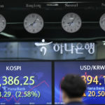 
              An employee of a bank walks near the screens showing the Korea Composite Stock Price Index (KOSPI), left, and the foreign exchange rate between the U.S. dollar and the South Korean won at a foreign exchange dealing room in Seoul, South Korea, Wednesday, Sept. 14, 2022. Asian markets have skidded lower after Wall Street fell the most since June 2020 as a report showed inflation has kept a surprisingly strong grip on the U.S. economy.  (AP Photo/Lee Jin-man)
            