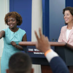 
              White House press secretary Karine Jean-Pierre, left, calls on a reporter during a briefing with Commerce Secretary Gina Raimondo, right, during the daily briefing at the White House in Washington, Tuesday, Sept. 6, 2022. (AP Photo/Susan Walsh)
            