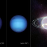 
              This composite image provided by NASA on Wednesday, Sept. 21, 2022, shows three side-by-side images of Neptune. From left, a photo of Neptune taken by Voyager 2 in 1989, Hubble in 2021, and Webb in 2022. In visible light, Neptune appears blue due to small amounts of methane gas in its atmosphere. Webb’s Near-Infrared Camera instead observed Neptune at near-infrared wavelengths, where Neptune resembles a pearl with thin, concentric oval rings. (NASA, ESA, CSA, STScI via AP)
            