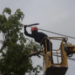 
              An electric company worker mounted on a crane uses a machete to cut away tree branches felled on power lines in the wake of Hurricane Ian in Havana, Cuba, Wednesday, Sept. 28, 2022. Cuba remained in the dark early Wednesday after Ian knocked out its power grid and devastated some of the country's most important tobacco farms when it hit the island's western tip as a major storm. (AP Photo/Ismael Francisco)
            