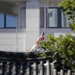 
              The national flag flies at half-mast at the British Embassy following Queen Elizabeth II's passing in Seoul, South Korea, Friday, Sept. 9, 2022. Britain's longest-reigning monarch and a rock of stability across much of a turbulent century, died Thursday after 70 years on the throne. She was 96. (AP Photo/Lee Jin-man)
            