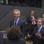 
              NATO Secretary General Jens Stoltenberg, center, and US Secretary of State Antony Blinken, second right, greet participants prior to a meeting of NATO ambassadors at NATO headquarters in Brussels, Friday, Sept. 9, 2022. (AP Photo/Olivier Matthys, Pool)
            