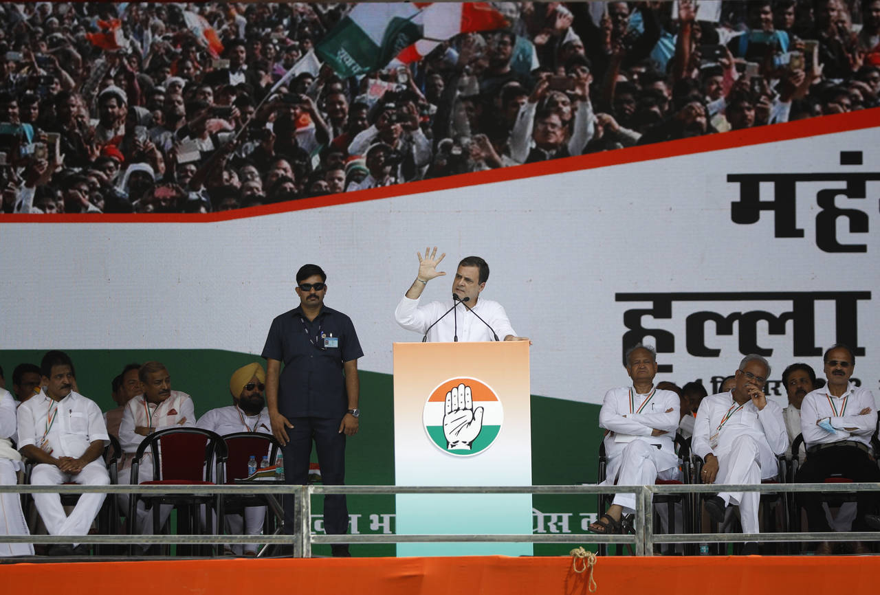 Congress party leader Rahul Gandhi speaks during rally in New Delhi, India, Sunday, Sept. 4, 2022. ...