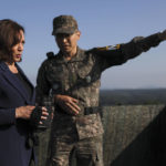 
              U.S. Vice President Kamala Harris, left, holds binoculars at the military observation post as she visits the demilitarized zone (DMZ) separating the two Koreas, in Panmunjom, South Korea Thursday, Sept. 29, 2022. (Leah Millis/Pool Photo via AP)
            
