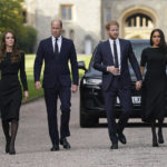 
              From left, Kate, the Princess of Wales, Prince William, Prince of Wales, Prince Harry and Meghan, Duchess of Sussex walk to meet members of the public at Windsor Castle, following the death of Queen Elizabeth II on Thursday, in Windsor, England, Saturday, Sept. 10, 2022. (Kirsty O'Connor/Pool Photo via AP)
            