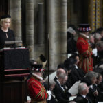 
              British Prime Minister Liz Truss speaks during the State Funeral of Queen Elizabeth II at Westminster Abbey in central London, Monday, Sept. 19, 2022. The Queen, who died aged 96 on Sept. 8, will be buried at Windsor alongside her late husband, Prince Philip, who died last year. (AP Photo/Frank Augstein, Pool)
            