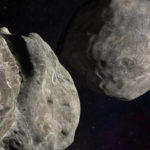 
              This illustration made available by Johns Hopkins APL and NASA depicts NASA's DART probe, upper right, on course to impact the asteroid Dimorphos, left, which orbits Didymos. DART is expected to zero in on the asteroid Monday, Sept. 26, 2022, intent on slamming it head-on at 14,000 mph. The impact should be just enough to nudge the asteroid into a slightly tighter orbit around its companion space rock. (Steve Gribben/Johns Hopkins APL/NASA via AP)
            
