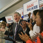 
              Rhode Island Gov. Dan McKee gives an acceptance speech in front of supporters at a primary election night watch party in Providence, R.I., Tuesday, Sept. 13, 2022. (AP Photo/David Goldman)
            