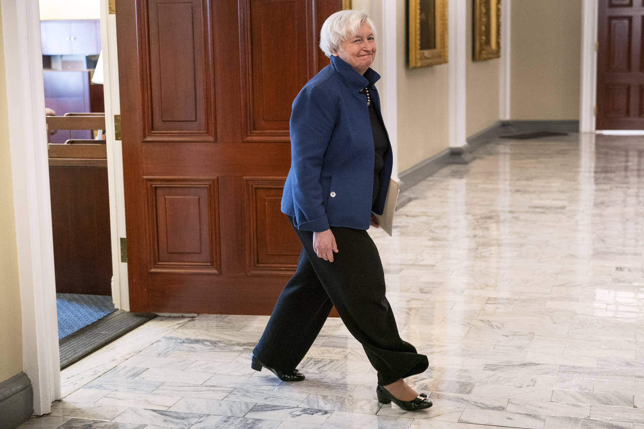 Treasury Secretary Janet Yellen smiles as she walks to attend a meeting with Indonesian Coordinatin...