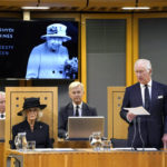 
              King Charles III, right, speaks with Camilla the Queen Consort at left, after receiving a Motion of Condolence at the Senedd, following the death of Queen Elizabeth II, in Cardiff, Friday, Sept. 16, 2022. King Charles III and Camilla, the Queen Consort, arrived in Wales for an official visit. The royal couple previously visited to Scotland and Northern Ireland, the other nations making up the United Kingdom, following the death of Queen Elizabeth II at age 96 on Thursday, Sept. 8.
 (Andrew Matthews/Pool Photo via AP)
            