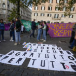 
              People stage a protest on 'International Safe Abortion Day' to ask for more guarantees on the enforcement of the abortion law that they claim is seriously endangered by the high rate of doctors' conscientious objection in the country, in Rome, Wednesday, Sept. 28, 2022. Banner on the ground reads "Safe and free abortion for all". (AP Photo/Alessandra Tarantino)
            