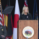 
              First lady Jill Biden speaks during a ceremony commemorating the 21st anniversary of the Sept. 11, 2001 terrorist attacks at the Flight 93 National Memorial in Shanksville, Pa., Sunday, Sept. 11, 2022. (AP Photo/Barry Reeger)
            