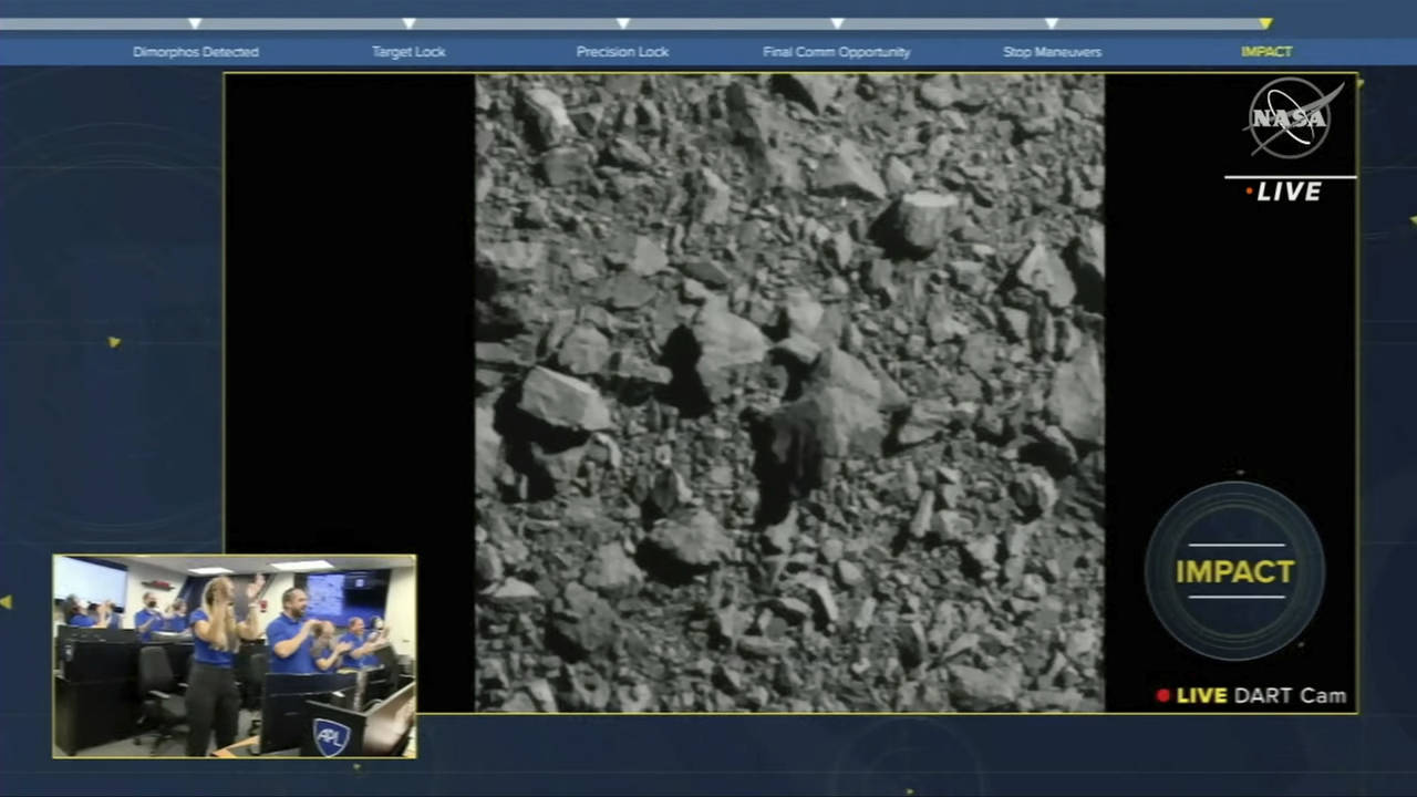 In this image made from a NASA livestream, the Double Asteroid Redirection Test spacecraft crashes ...