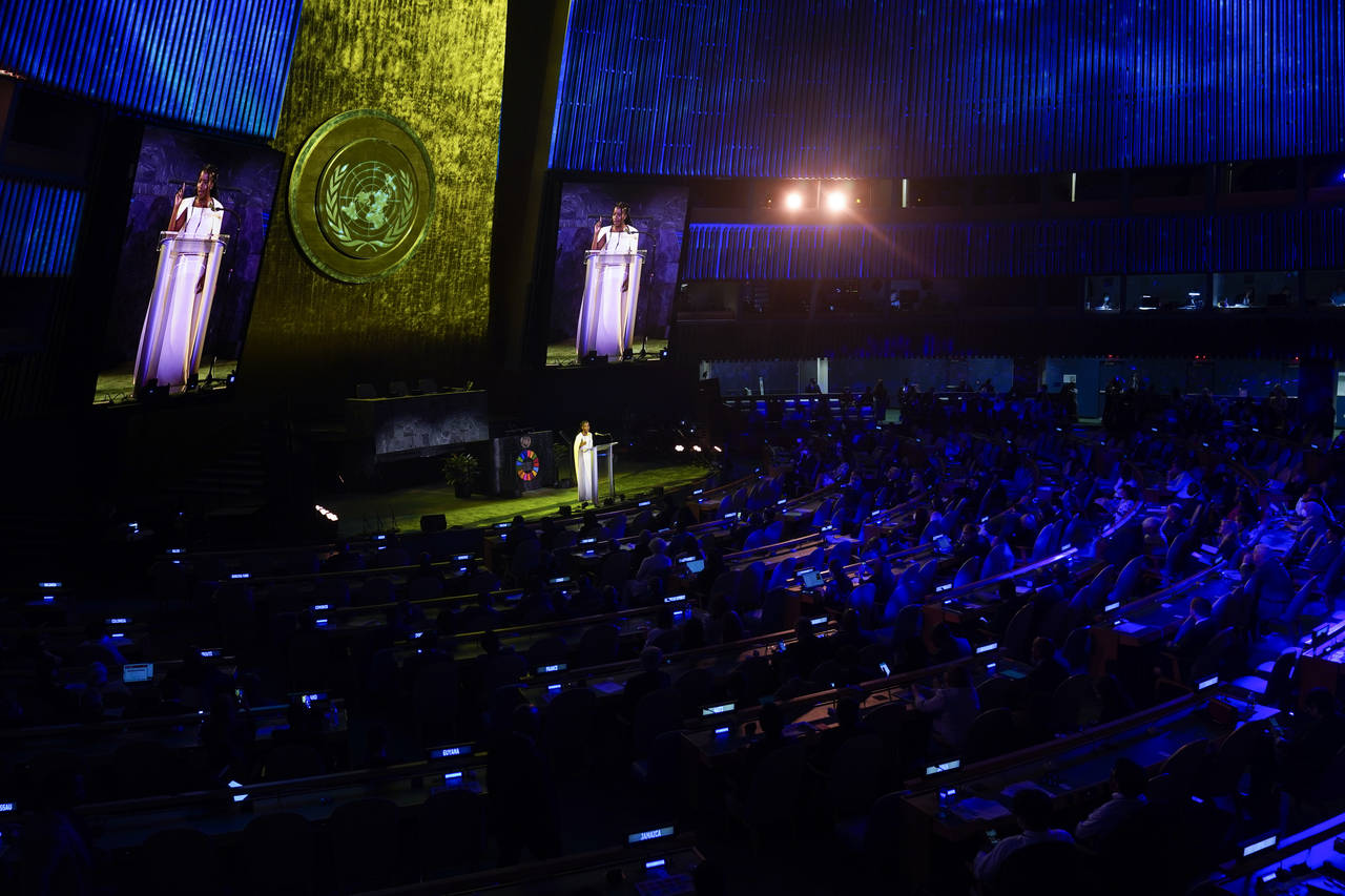 Amanda Gorman recites a poem during an event called "SDG Moment" at United Nations headquarters, Mo...
