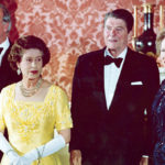 
              FILE - Queen Elizabeth II, second left, stands with, West German Chancellor Helmut Kohl, left, U.S. President Ronald Reagan, second right, and Britain's Prime Minister Margaret Thatcher at London's Buckingham Palace, prior to a dinner with summit leaders June 10, 1984. Queen Elizabeth II, Britain's longest-reigning monarch and a rock of stability across much of a turbulent century, died Thursday, Sept. 8, 2022, after 70 years on the throne. She was 96. (AP Photo, File)
            