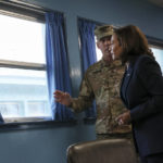 
              U.S. Vice President Kamala Harris, right, talks with a soldier at a conference room as she visits the demilitarized zone (DMZ) separating the two Koreas, in Panmunjom, South Korea Thursday, Sept. 29, 2022. (Leah Millis/Pool Photo via AP)
            