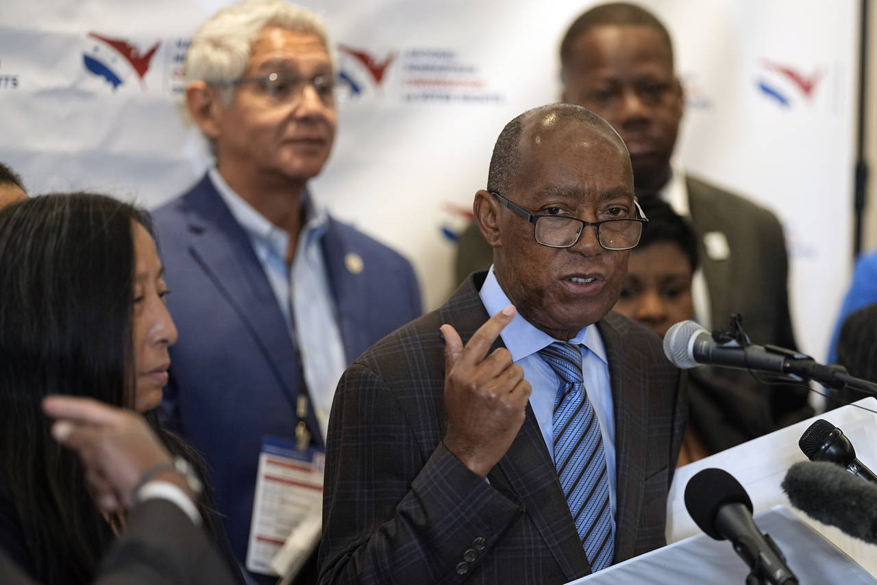 Houston Mayor Sylvester Turner speaks during a news conference about voting rights Tuesday, Sept. 2...