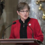 
              FILE - Kansas Gov. Laura Kelly speaks at the dedication and unveiling ceremony of a statue in honor of Amelia Earhart in Statuary Hall, at the Capitol in Washington, July 27, 2022. Kelly wasted little time after a decisive victory in Kansas for abortion rights before sending out a national fundraising email warning that access to the procedure would be “on the chopping block” if her party did not win in the November elections. (AP Photo/J. Scott Applewhite, File)
            