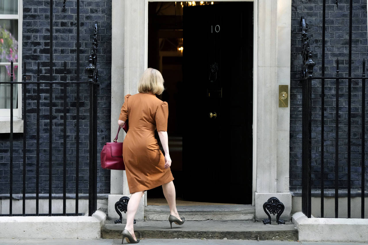 FILE - British Foreign Secretary Liz Truss arrives for a cabinet meeting at 10 Downing Street in Lo...