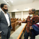 
              Ronald Gilbert, right, former operations supervisor at the O. B. Curtis Water Treatment Plant, shares with Jackson Mayor Chokwe Antar Lumumba his experience of working at the water treatment plant during a community meeting held at College Hill Missionary Baptist Church, Tuesday, Sept. 13, 2022. (AP Photo/Rogelio V. Solis)
            