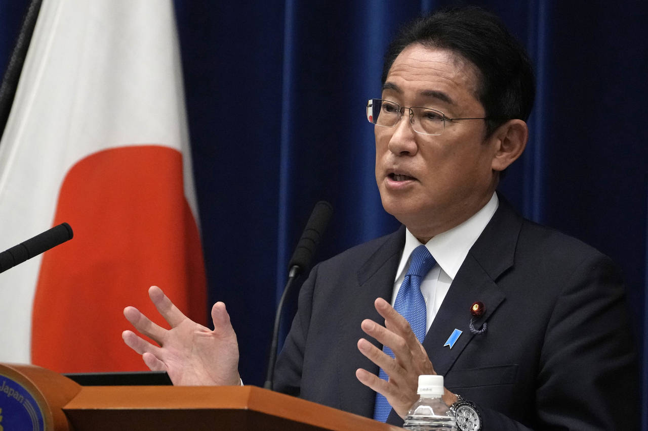 Japan's Prime Minister Fumio Kishida speaks during a news conference at the prime minister's offici...