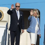 
              President Joe Biden with first lady Jill Biden wave before boarding Air Force One at Andrews Air Force Base, Md., en route to Philadelphia to deliver a prime-time speech at Independence Hall, Thursday, Sept. 1, 2022. The president's speech will lay out what he sees as the risks from those he has dubbed "ultra-MAGA Republicans" to the nation's system of government, its standing abroad and its citizens' way of life. (AP Photo/Manuel Balce Ceneta)
            