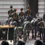 
              The gun carriage which will transport the coffin of late Queen Elizabeth II in procession to Westminster Hall arrives at Buckingham Place in London, Wednesday, Sept. 14, 2022. The Queen will lie in state in Westminster Hall for four full days before her funeral on Monday Sept. 19. (AP Photo/Vadim Ghirda, Pool)
            
