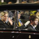 
              Prince Edward, Earl of Wessex, his wife Sophie and their children Lady Louise Windsor and James, Viscount Severn, leave Westminster hall in a car after a vigil during the Lying-in State of the late Queen Elizabeth II at Westminster Hall in London, Friday night, Sept. 16, 2022. The Queen will lie in state in Westminster Hall for four full days before her funeral on Monday Sept. 19. (AP Photo/Martin Meissner)
            