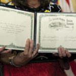 
              The new Treasurer of the United States Lynn Malerba and Director of the Bureau of Engraving and Printing of the United States Leonard Olijar, and Secretary of the Treasury Janet Yellen hold a document with the signature of Malerba, collected to be used for the United States currency, during a ceremony at the Treasury Department, Monday, Sept. 12, 2022 in Washington. Malerba became the first Native American to serve as Treasurer of the United States. (AP Photo/Manuel Balce Ceneta)
            