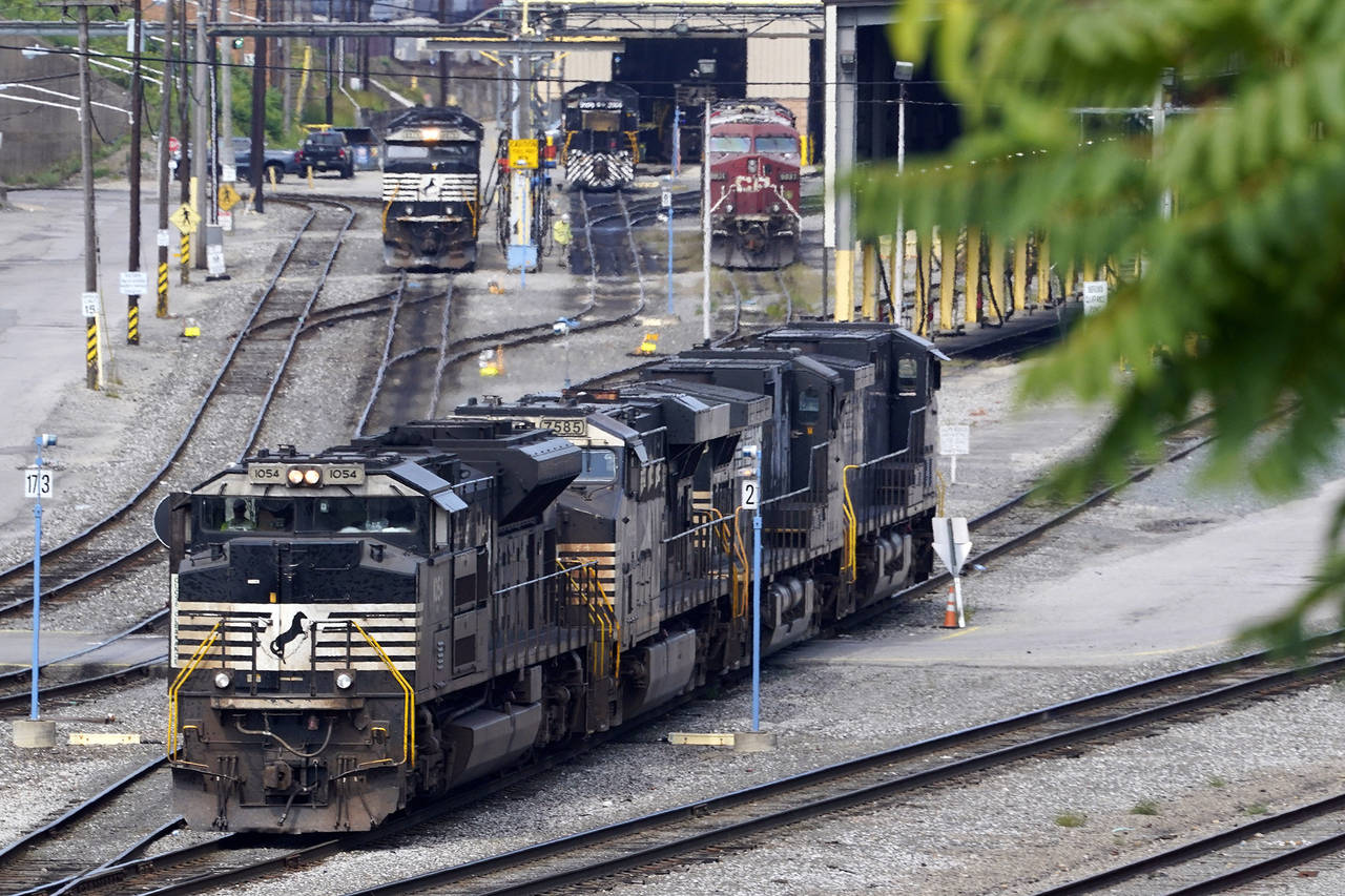Norfolk Southern locomotives are moved in the Conway Terminal in Conway, Pa., Thursday, Sept. 15, 2...
